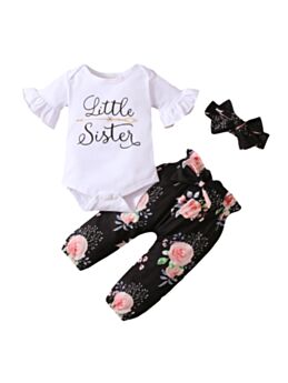 Little Sister Flower Print Wholesale Baby Girl Clothes Set Bodysuit Pants Headband 21082927