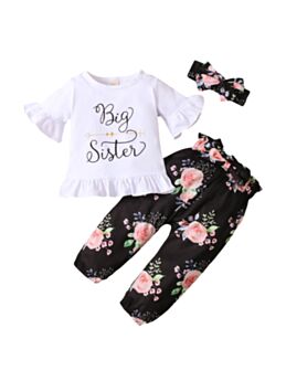 Little Sister Flower Print Ruffle Hem Top  Pants Headband Wholesale Little Girl Clothing 21082928