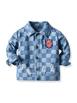 Checked Print Ripped Denim Jacket Wholesale Boy Clothing 210902752