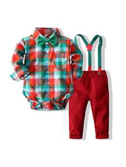 Plaid Baby Boys Suit Sets Bowtie Shirt And Suspender Pants 
red