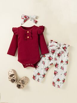 Flower Print Ribbed Button Bodysuit Flower Pants Headband Girls Sets Wholesale Baby Clothes 210909276