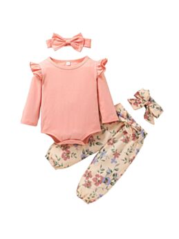 Plaid Bodysuit & Flower Print Pants & 2pcs Headband Wholesale Baby Clothing Sets 210913662