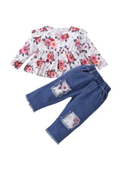 Flower Ruffle Top And Paneled Jean Wholesale Baby Girl Clothing Sets 210916984