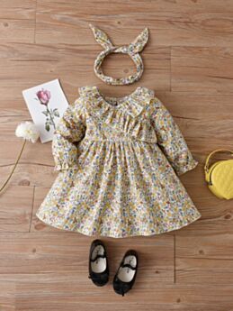 Floral Ruffle Trim Dress With Headband Wholesale Baby Clothes 21091908