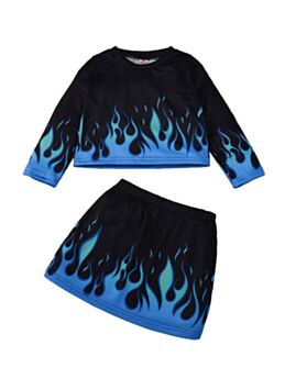 Blue Flame Print Long Sleeve Top & Skirt Wholesale Girl Clothes 210924656