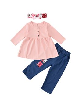 Plain Half Button Top & Jeans & Headband Toddler Girl Apparel Sets 210925755