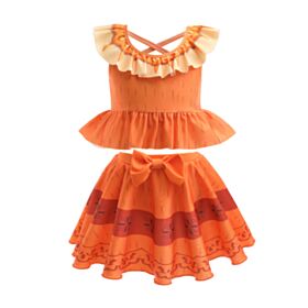 3-10Y Kids Girls Swimwear & Beachwear Sets Floral Print Ruffled Crew Neck Sleeveless Top And Bow Pleated Skirt With Panties Wholesale Kid Clothing Vendors KSW723536119 orange
