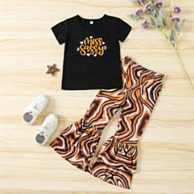 18M-6Y Letter Black T-Shirt And Helix Pattern Flares Trousers Set Wholesale Kids Boutique Clothing