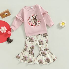 9M-4Y Cow Lotus Long Sleeve Pullover And Flares Pants Set Wholesale Kids Boutique Clothing