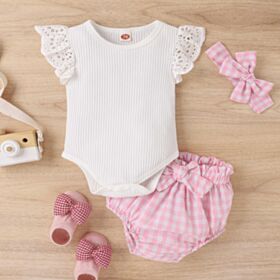 0-18M Striped Lace Sleeve White Romper And Pink Plaid Set Baby Wholesale Clothing