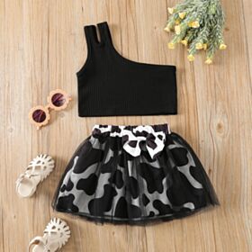 18M-6Y Toddler Girl Sets Slant-Shoulder Top And Cow Mesh Half-Body Skirt Wholesale Girls Fashion Clothes V5923041700068