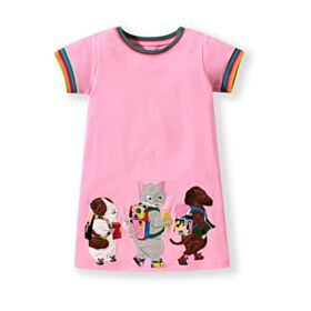 18M-7Y Animal Cartoon Rainbow Striped Sleeve Dress Wholesale Kids Boutique Clothing
