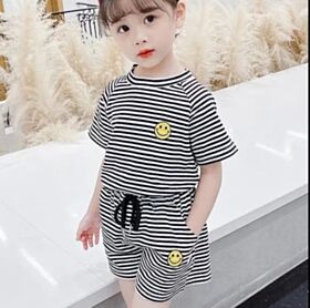 18M-7Y Toddler Girl Sets Cartoon Smiley Face Print Striped Short-Sleeved Top And Shorts Wholesale Girls Clothes V5923031600016