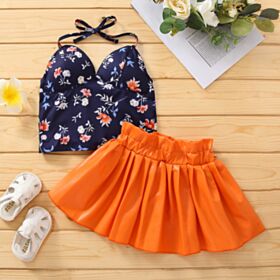 18M-6Y Toddler Girl Sets Floral Print Neckline Lace-Up Top And Pleated Skirt Fashion Girl Wholesale V5923032900038