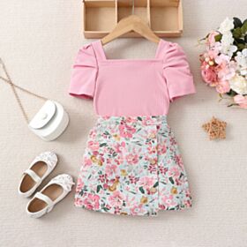 18M-6Y Striped Short Sleeve Tops And Flower Button Skirt Set Wholesale Kids Boutique Clothing