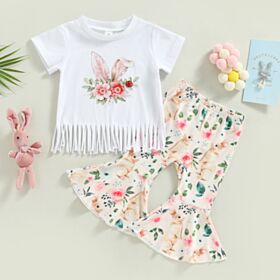 9M-4Y Bunny Rabbit Flower Short Sleeve Edging T-Shirt And Flower Flares Set Wholesale Kids Boutique Clothing