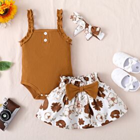 3-18M Suspender Button Striped Romper And Flower Bnowknit Skirt Set Baby Wholesale Clothing
