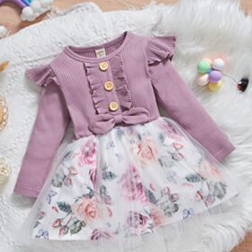 9M-6Y Flying Long Sleeve Bowknot Flower Mesh Dress Wholesale Kids Boutique Clothing