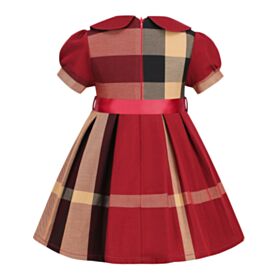2-7Y Burgundy Bowknot Plaid Vintage Short Sleeve Dress Wholesale Kids Boutique Clothing KKHQV491987