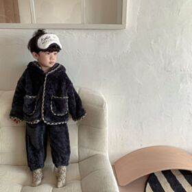 9M-6Y Caroset Warm Coat Coral Fleece Pocket Jacket Loungewear And Pants Pajama Set Baby Wholesale Clothing KKHQV491862