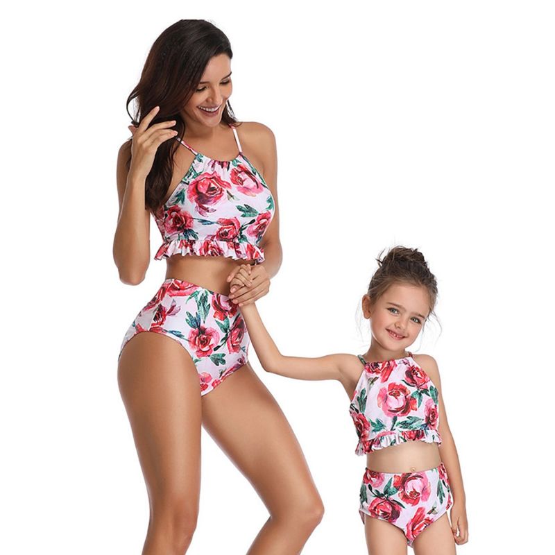 2-Piece Mom & Me Flower Tankini Frilled-Hem Halter Top + Shorts 