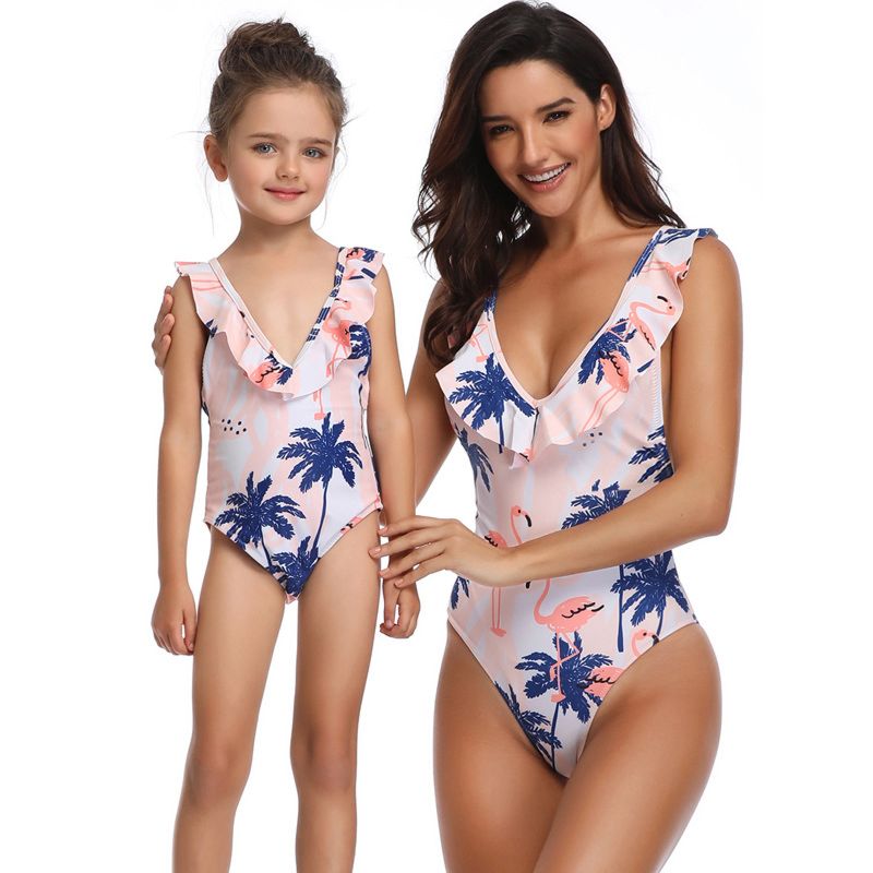 Mom & Me Coconut Tree Flamingo Print Frilled One Piece Swimming Suit Beach Wear