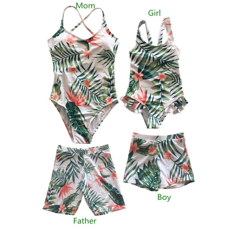 Family Matching Flower Leaf Print One-piece Swimming Suit for Mom and Daughter