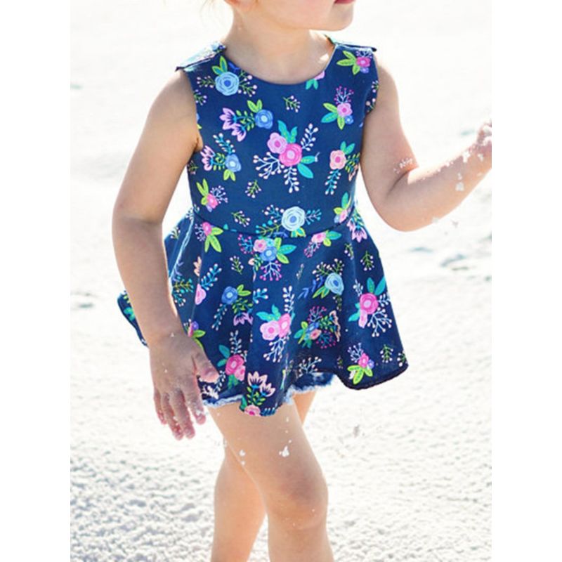 Wholesale Baby Toddler Girl Floral Sleeveless Blue Dres