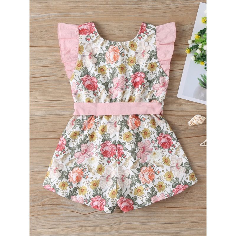 Wholesale Little Girl Ruffle Sleeve Floral Belted Rompe