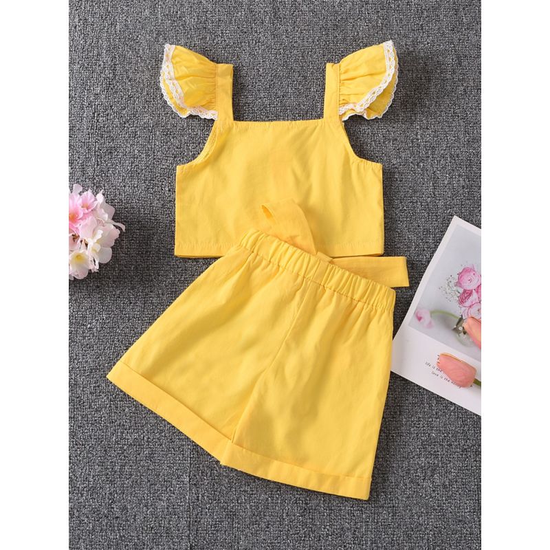Wholesale 2 Pieces Little Girl Solid Color Set Flutter