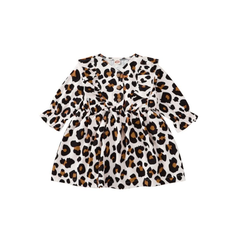 Wholesale Baby Girl Leopard Ruffle Trim Autumn Dress 20