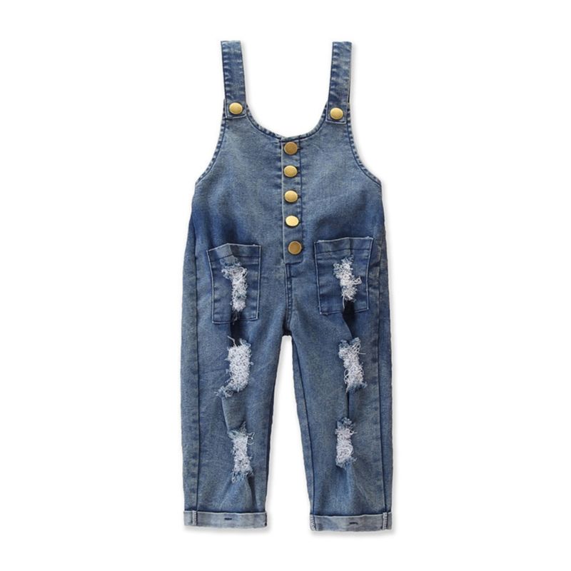 Wholesale Kid Girl Fringed Buttoned Denim Overalls 2101