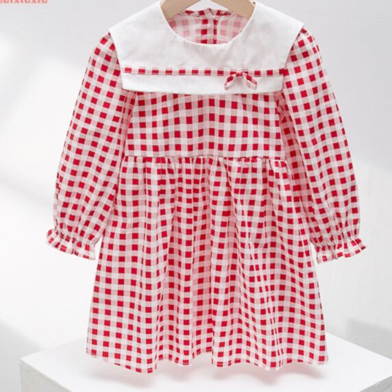 2-6Y Red Pliad Lotus Long Sleeve Dress Wholesale Kids Boutique Clothing