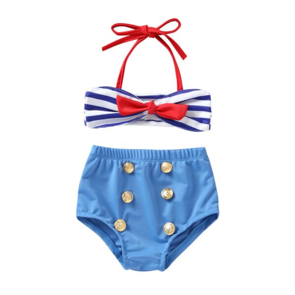 18M-6Y Toddler Girls Bow Striped Strappy Swimsuit Sets Wholesale Girls Clothes V3823040700047