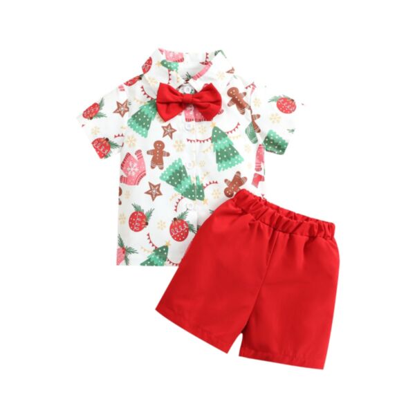 9M-5Y Toddler Boy Christmas Holiday Boy Suit Christmas Print Lapel Short Sleeve Shirt And Red Shorts 2 Pieces Sets Wholesale Childrens Clothing KSV600848