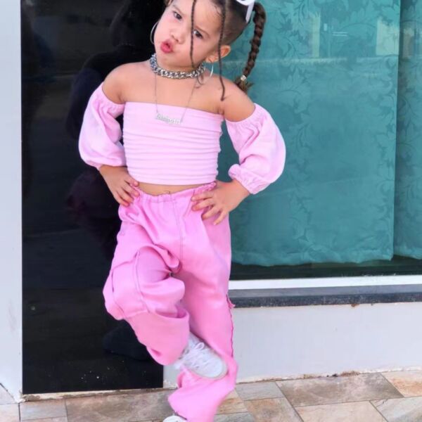 18M-7Y Solid Color Pink Off-Shoulder Tops And Loose Trousers Set Wholesale Kids Boutique Clothing