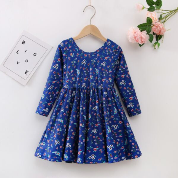 3-12Y Kids Girls Floral Round Neck Long Sleeve Dresses Wholesale Kids Boutique Clothing KCLV385114093 blue