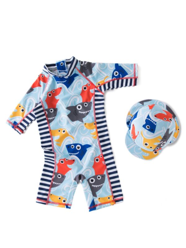 2-piece Sharks Printed Hat Onesies Kids Swimwear Set Bathing Suit For Toddler Boys