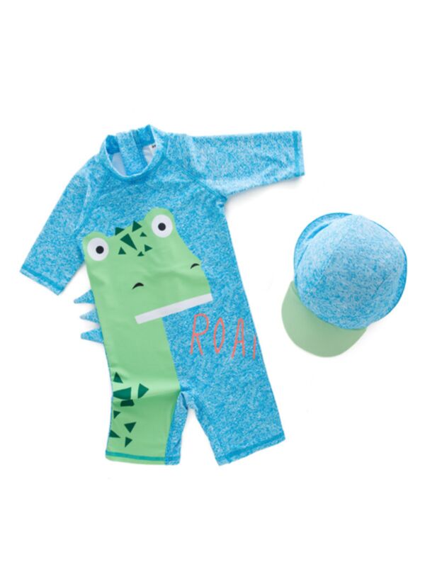 2-piece Dinosaur Print Hat Onesies Kids Swimwear Set Blue Bathing Suit For Toddler Boys