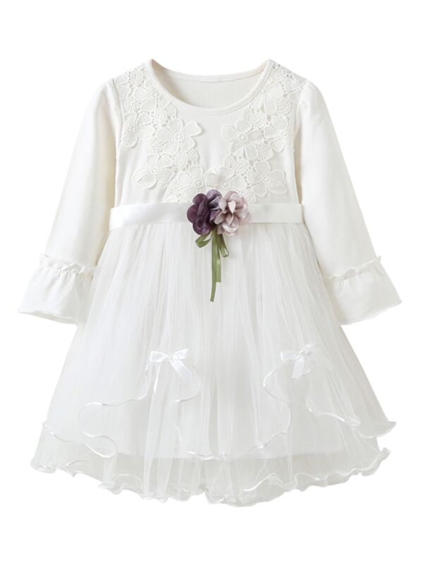 Flower Trimmed Bow Christening Baptisms Dress Toddler Big Girl White Tulle Dress Trumpet Sleeve