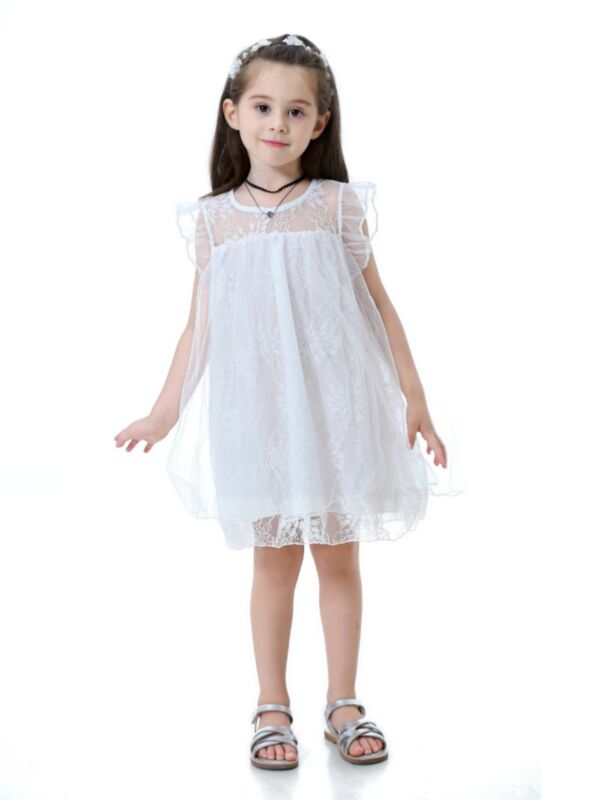 Illusion Lace Flutter Sleeve Baptism Dress Christening White Gown Mesh Dress for Summer