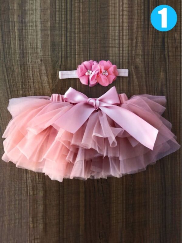 Solid Color Baby Girl Dancing Bow Romper Tutu Bouffant Pettiskirt with Flower Headband