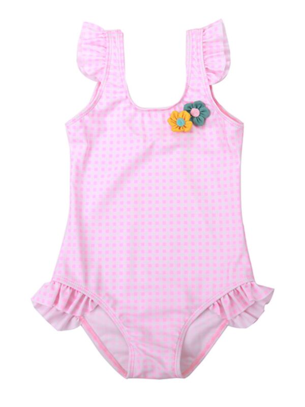 Cute Ruffle Checked Flower One Piece Swimsuit Toddler Big Kids Swimwear Bathing Suit