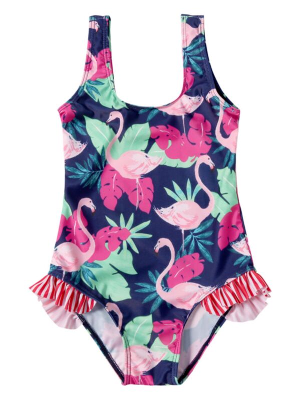 Swan Print Frilled Hem One-Piece Swimsuit Summer Kids Bathing Suit
