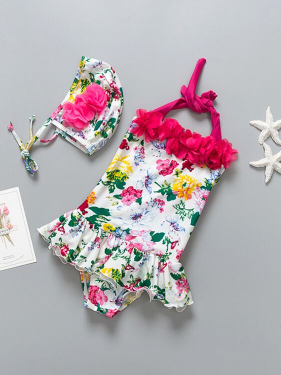2-piece Children Flower Print Halter Neck Bathing Suit+ Swim Cap Set