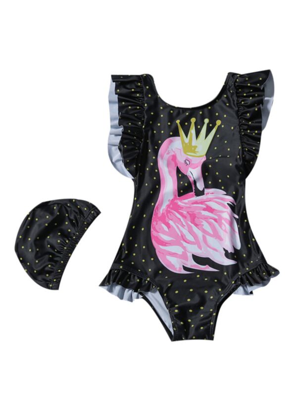 2-piece Baby Little Girl Frilled Swan Print Bathing Suit + Swim Hat Set