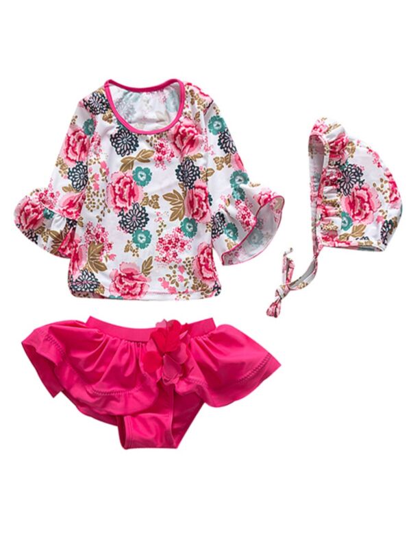 3-Piece Toddler Big Kids Girls Japanese Style Hot Spring Bathing Suit Set Bell-sleeved Flower Print Top+Frilled Pink Shorts +Swim Hat