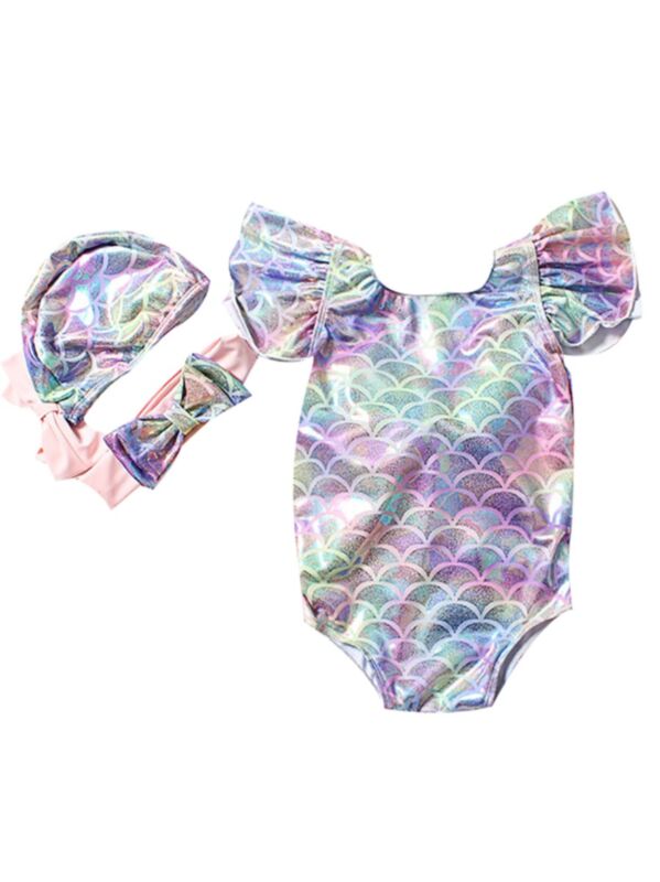 3-Piece Toddler Girl Metallic Mermaid Style Bathing Suit Set Bathing Suit+Headband+Swimming Cap