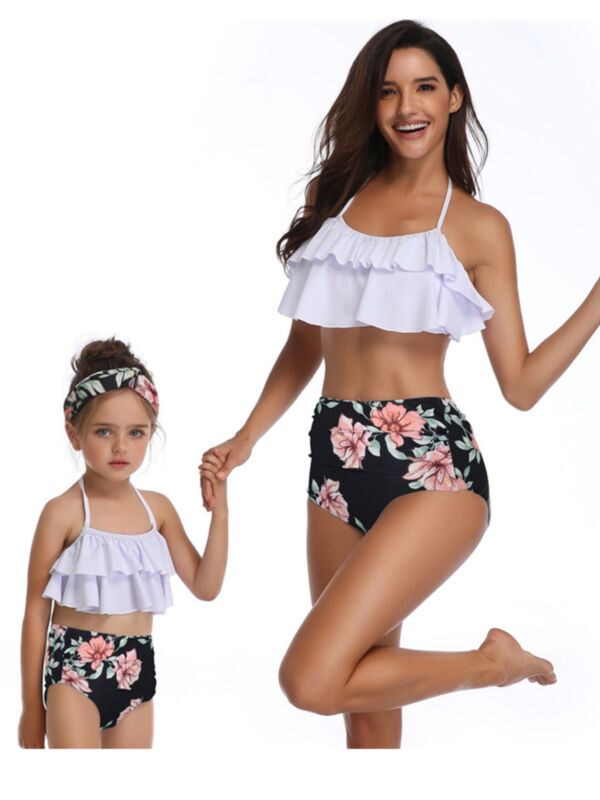 2-Piece Mom and Me Halter Neck Tankini Bathing Suit White Frilled Bikini + Floral Shorts