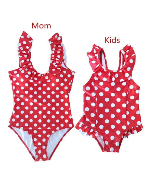 Mom and Daughter Polka Dots Frilled One Piece Bathing Suit